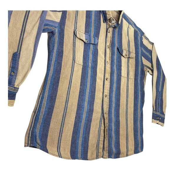 Vintage Northwest Territory Mens L Flannel Shirt Long Sleeve Blue Tan Stripe - Picture 10 of 16